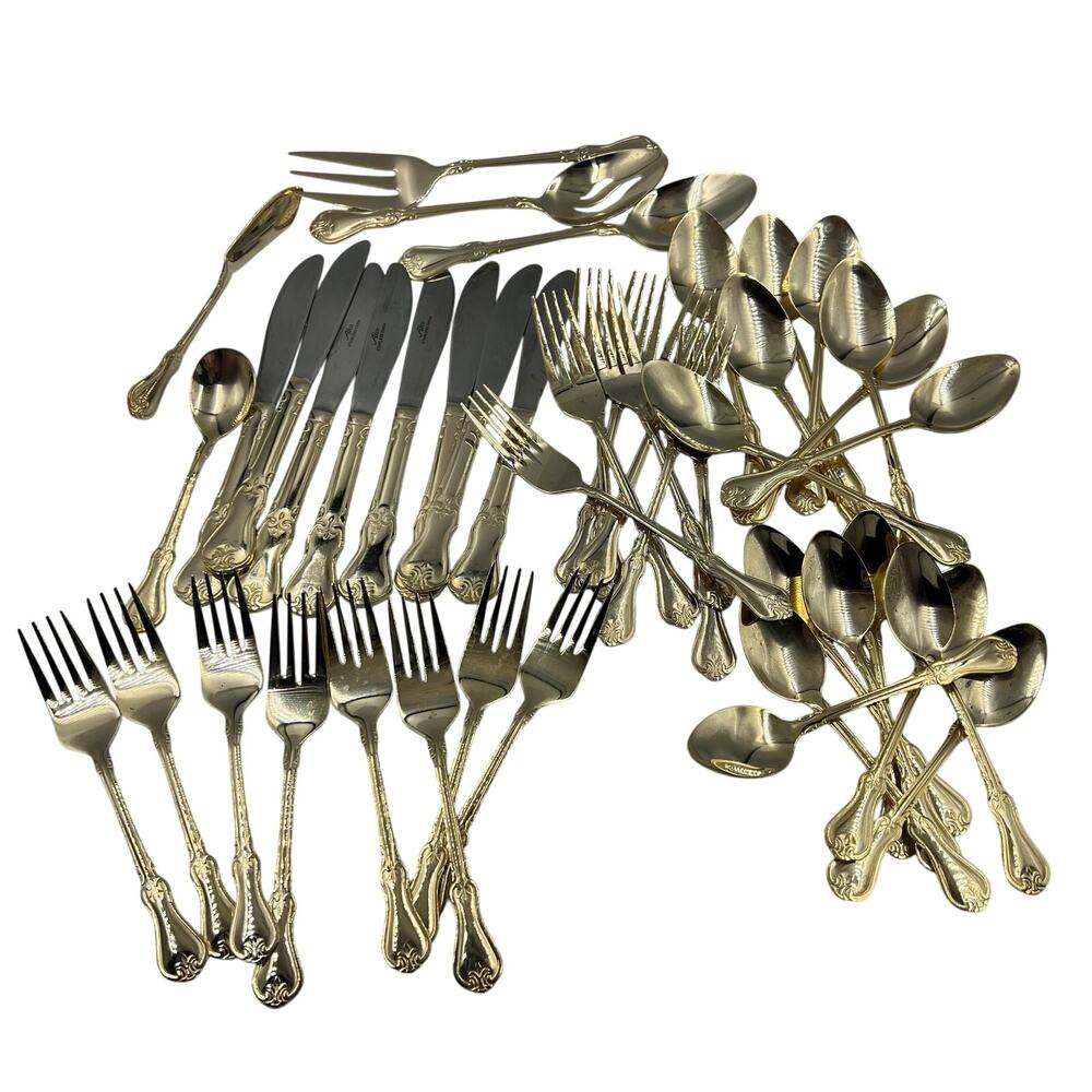 Vtg 45 Piece Alco Prescott Forge Regency Style Goldware Stainless Steel Flatware